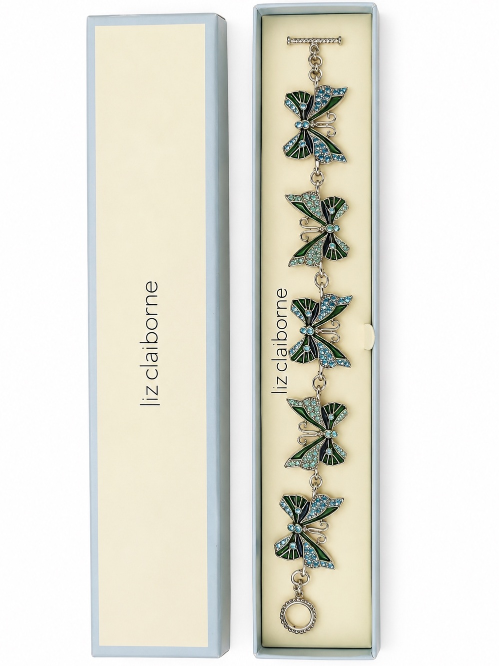 Liz Claiborne Butterfly Bracelet Blue Green Crystal Enamel Silver Tone Boxed